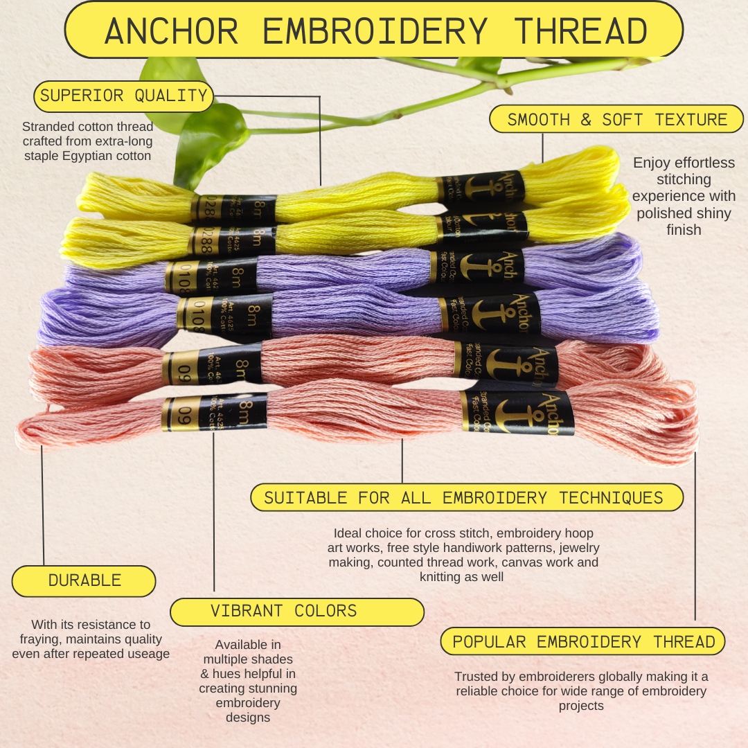 Pastel colors anchor embroidery thread with special embroidery thread features infographic highlighting the durability, superior quality, smooth & soft texture with vibrant colors, popular embroidery thread suitable for all embroidery techniques