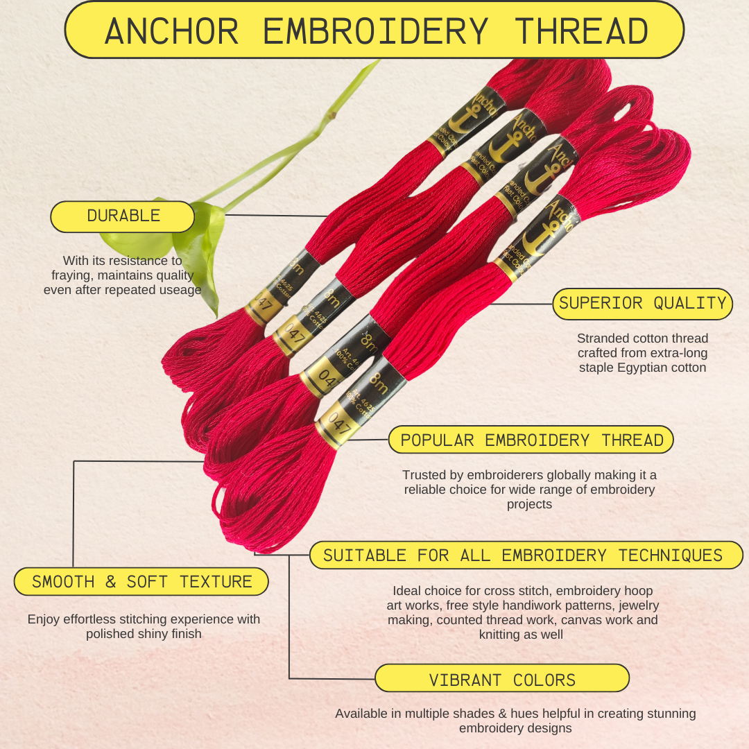Bright Red color anchor embroidery thread with special embroidery thread features highlighting the number 041, durability, superior quality, smooth & soft texture with vibrant colors, popular embroidery thread suitable for all embroidery techniques