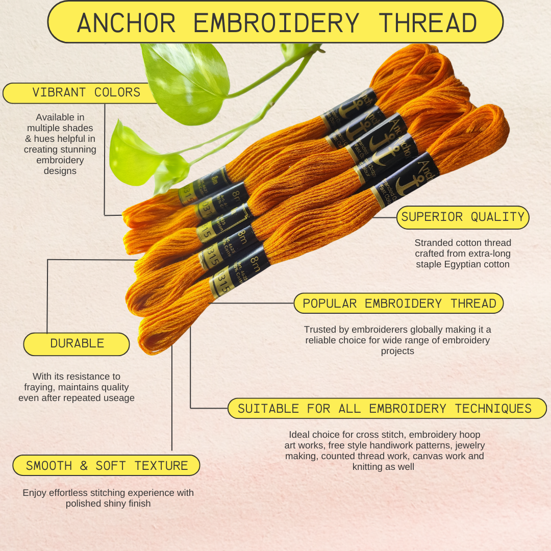 Orange color anchor embroidery thread infographics with special embroidery thread features highlighting the durability, superior quality, smooth & soft texture with vibrant colors, popular embroidery thread suitable for all embroidery techniques