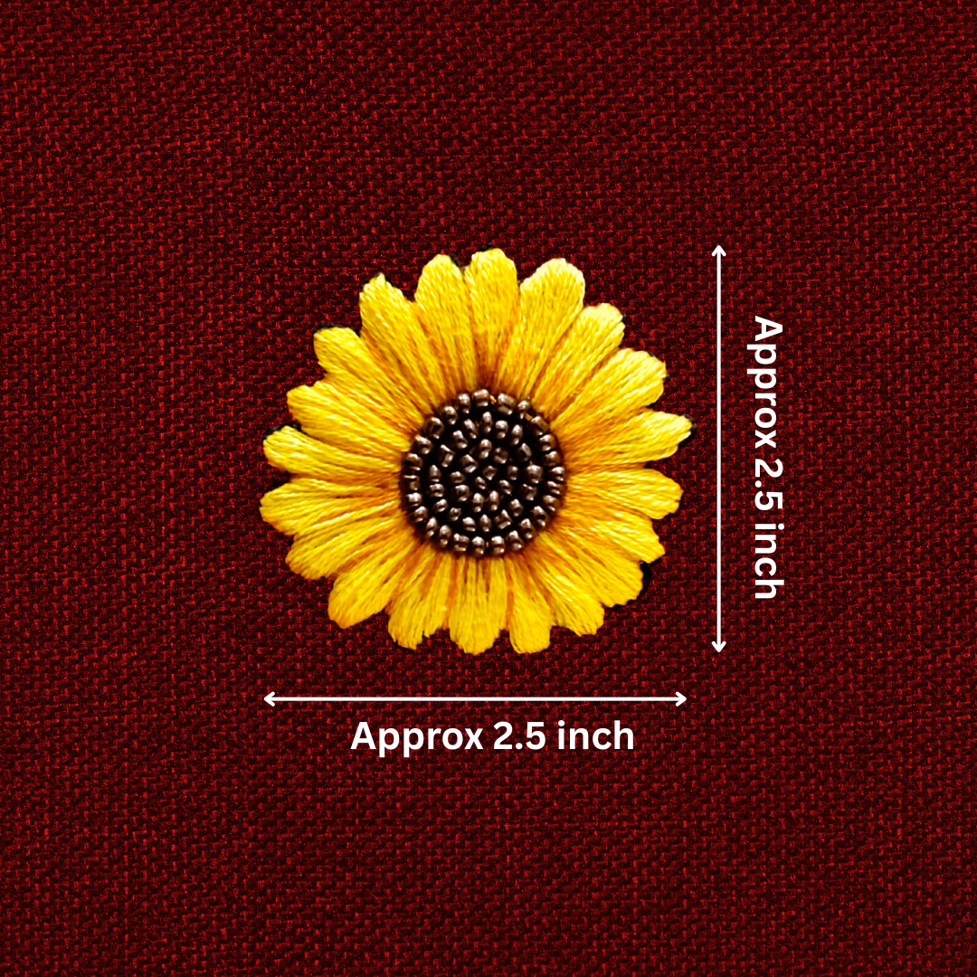 an image of thread work sunflower with beads with height and width details mention as approx. 2.5 inch