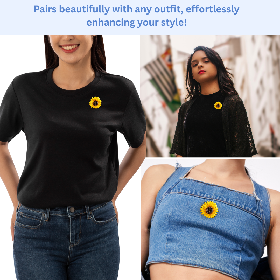 yellow brooch is paired beautifully with 3 types of women outfits. decoratively adorned on 3 girls dresses, 1 one black t-shirt, one on high neck black top and on short denim crop top
