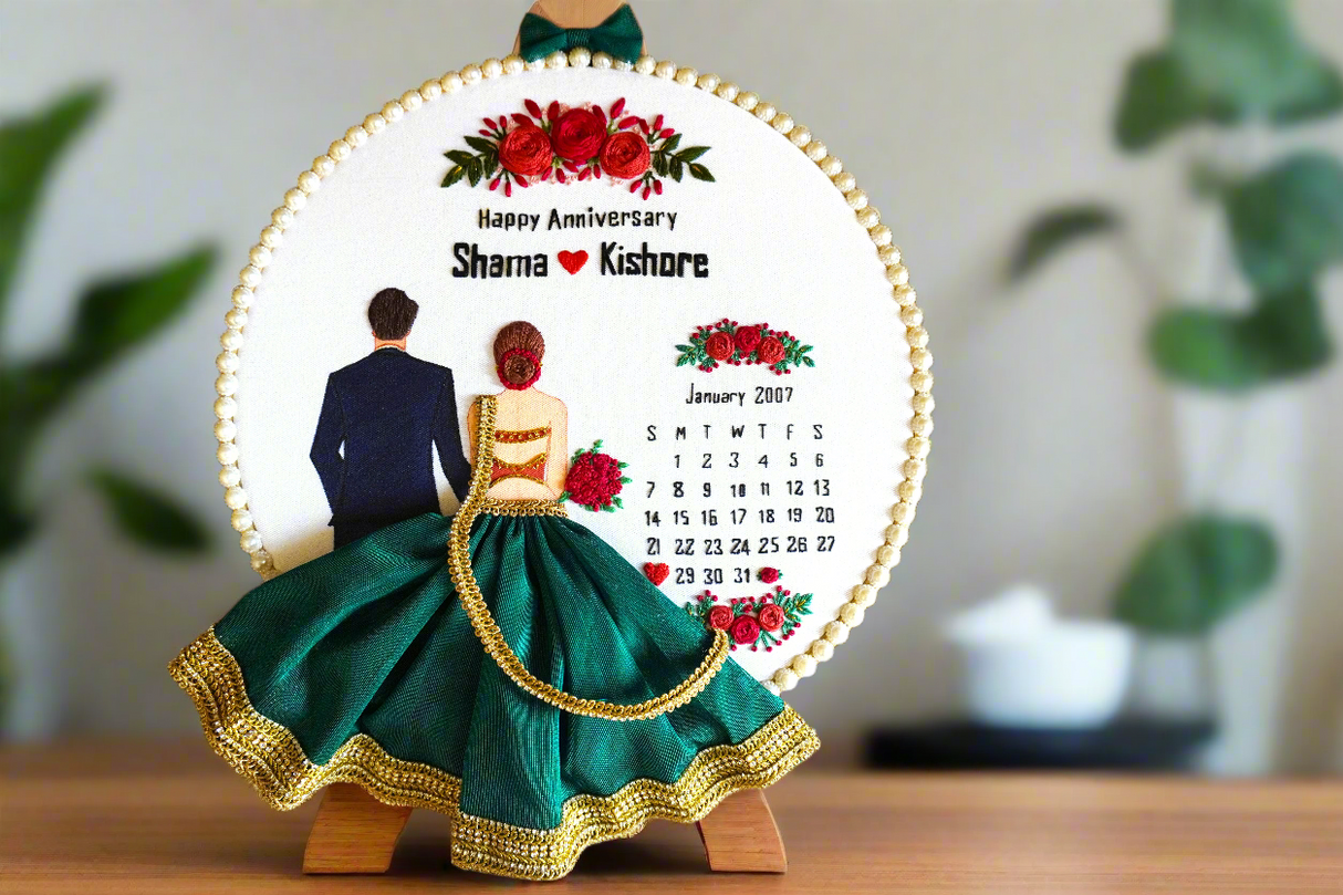 embroidery hoop art, customised wedding embroidery hoop, save the date calendar, couple wedding gift