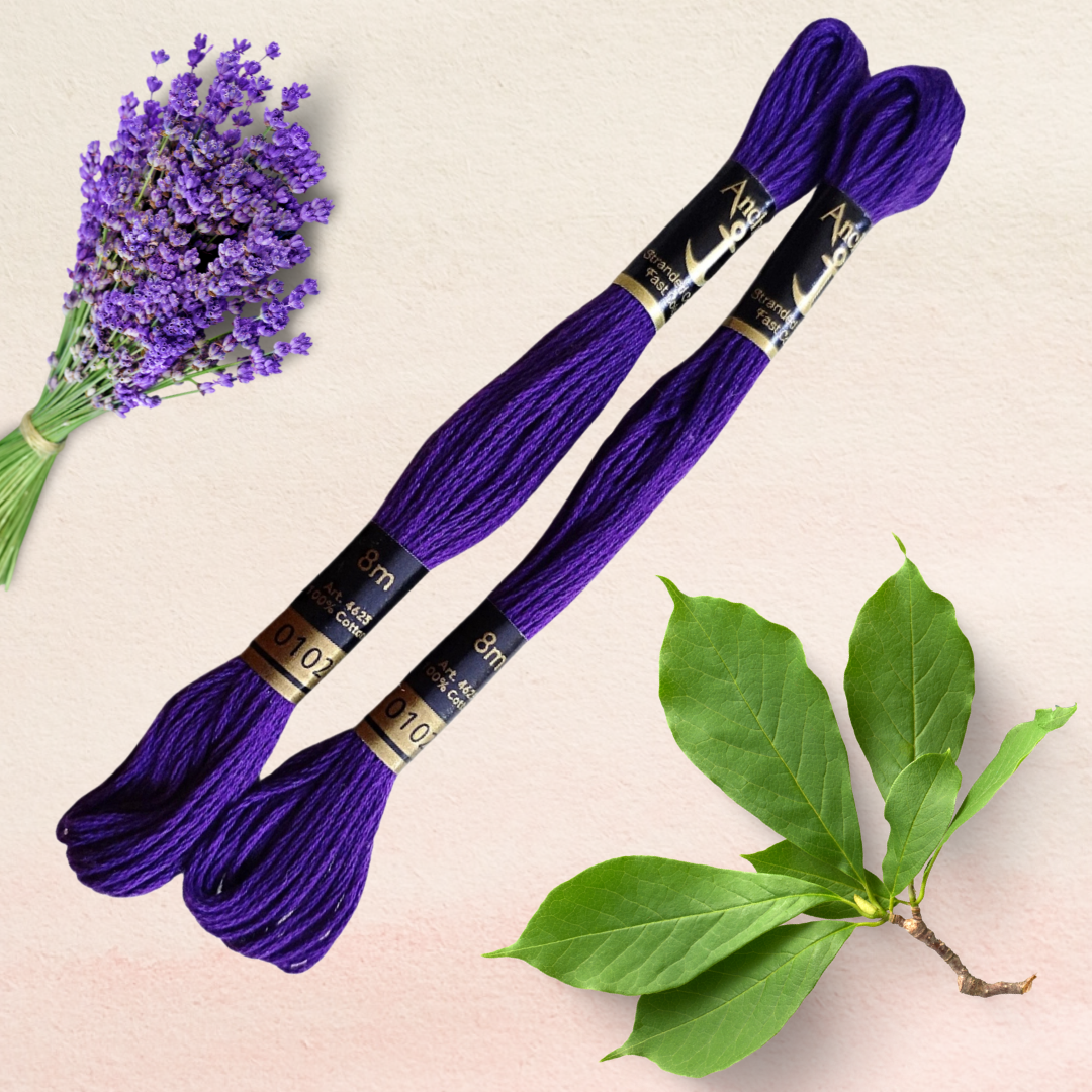 0102 Anchor embroidery thread in dark purple shade with lavender and leaf bunch