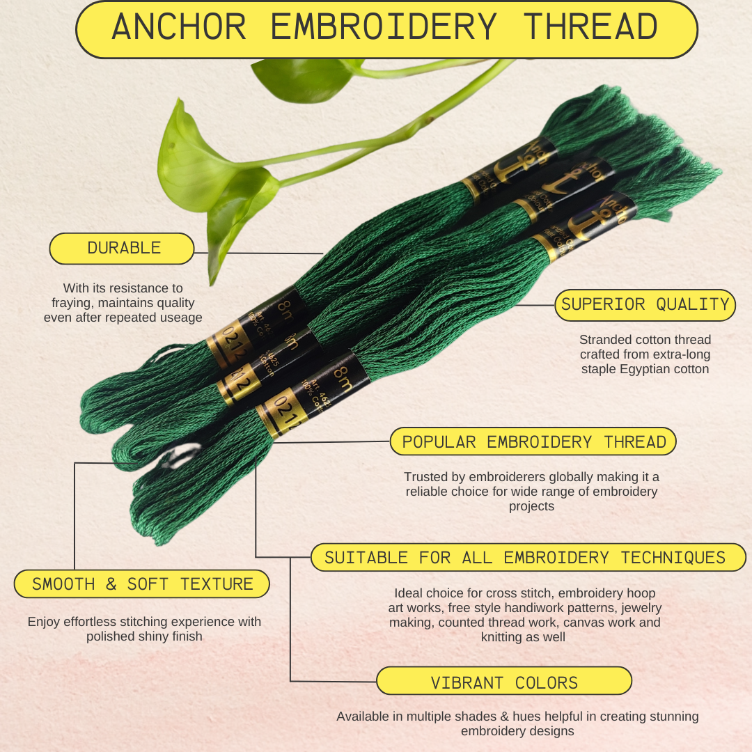 Green color anchor embroidery thread with special embroidery thread features highlighting the durability, superior quality, smooth & soft texture with vibrant colors, popular embroidery thread suitable for all embroidery techniques
