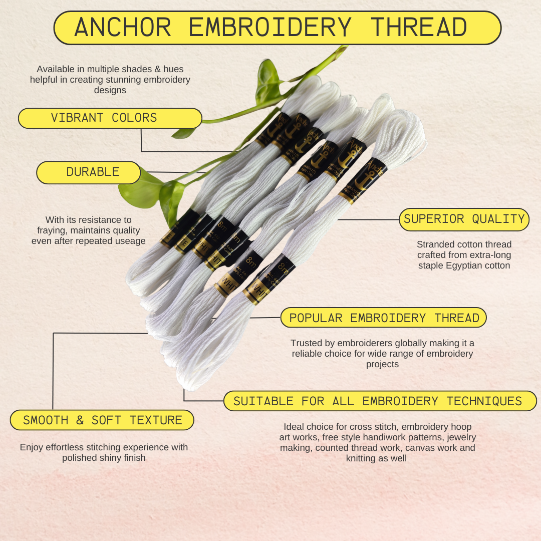 White color anchor embroidery thread with special embroidery thread features highlighting the durability, superior quality, smooth & soft texture with vibrant colors, popular embroidery thread suitable for all embroidery techniques
