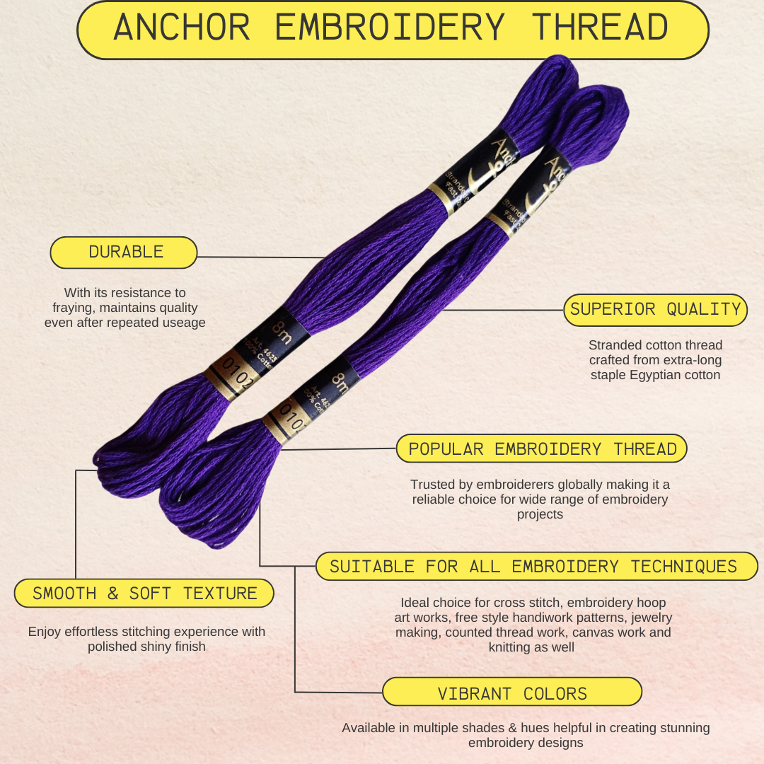Dark Purple color anchor embroidery thread with special embroidery thread features infographic highlighting the durability, superior quality, smooth & soft texture with vibrant colors, popular embroidery thread suitable for all embroidery techniques