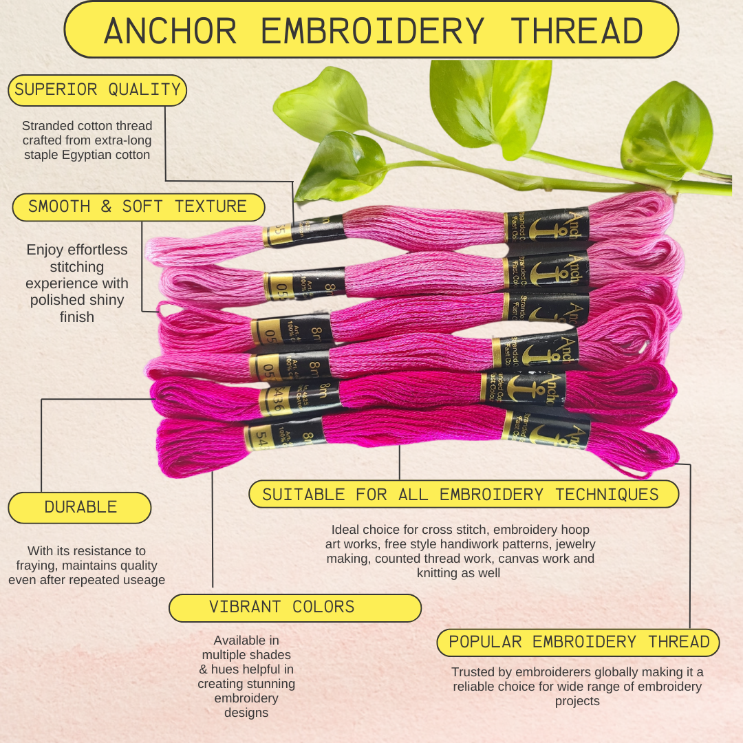 Pink shades colorful anchor embroidery thread with special embroidery thread features infographic highlighting the durability, superior quality, smooth & soft texture with vibrant colors, popular embroidery thread suitable for all embroidery techniques