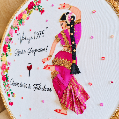 Decorative plate with a dancer design, floral border, and text 'Vintage 1975, Aesthete Perfection! Cheers to 50 & Fabulous'.