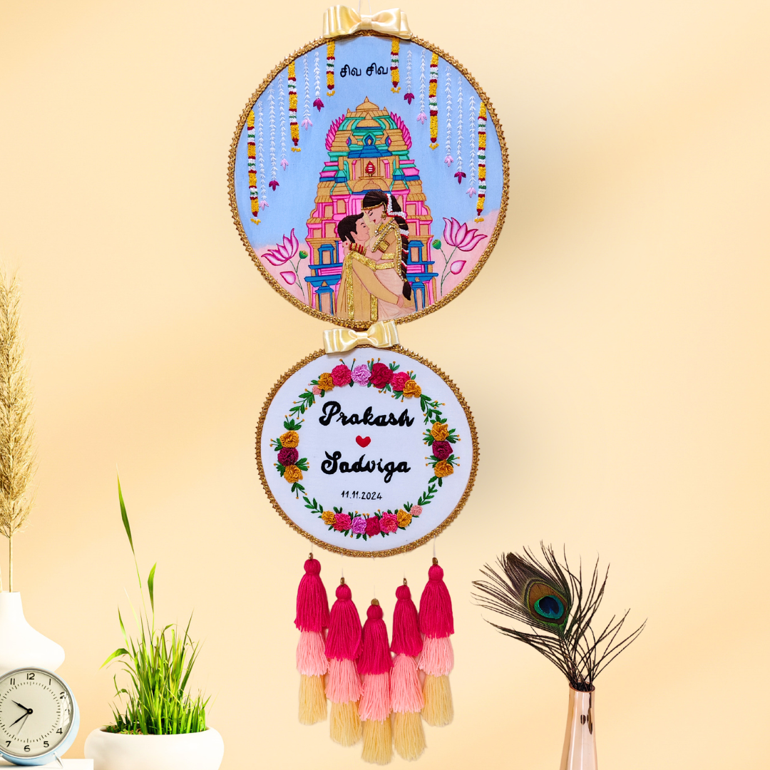 Handcrafted South Indian Customized Wedding Embroidery Hoop | Save the Date Couple Portrait Embroidered Double Hoop with Tassels