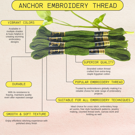 Dark Green color anchor embroidery thread with special embroidery thread features infographic highlighting the durability, superior quality, smooth & soft texture with vibrant colors, popular embroidery thread suitable for all embroidery techniques