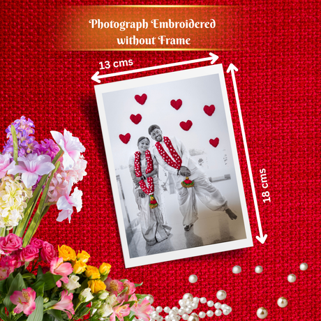 A product presentation of a custom photo-embroidered rectangular frame or print sample, shown with dimension arrows indicating 13 cm by 18 cm. The sample features a black and white photo of a couple wearing red garlands, surrounded by red embroidered hearts.