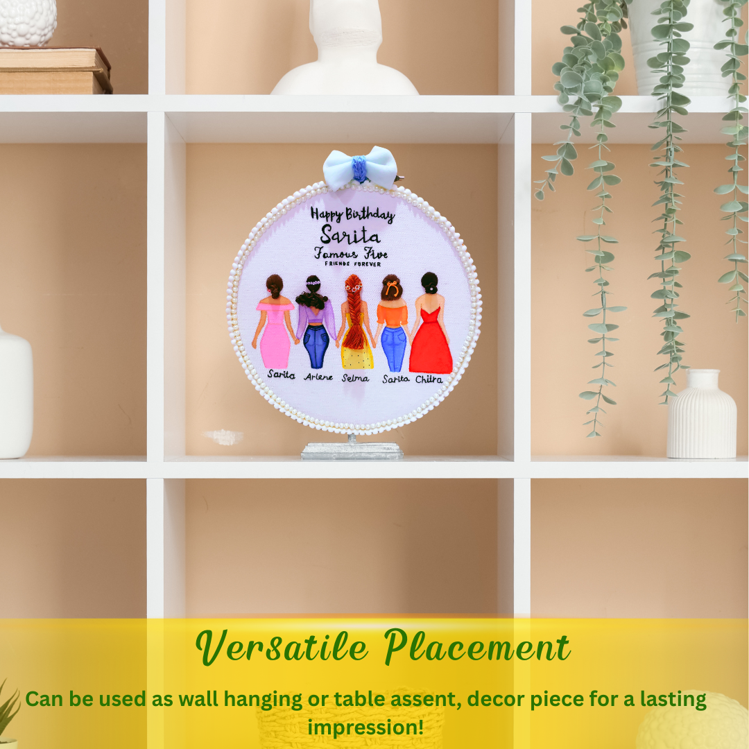round shape birthday embroidery hoop, mounted on a small white stand and placed on white shelving unit with colorful decorative illustrated women